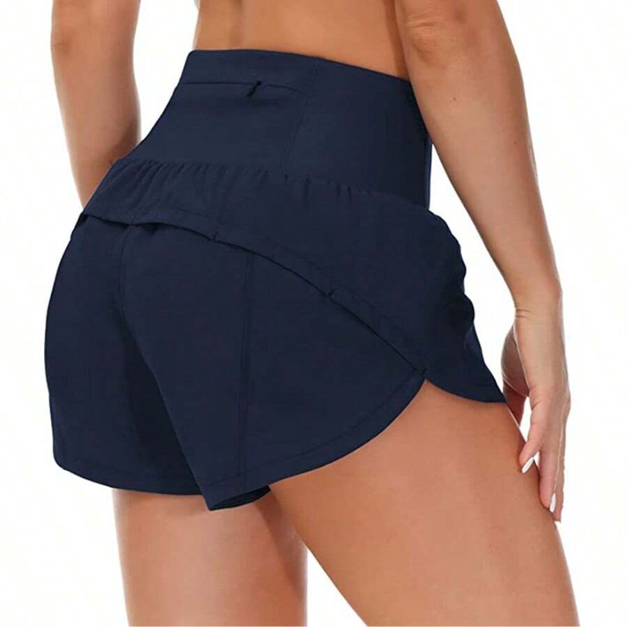 Womens High Waisted Running Shorts Quick Dry Athletic Workout Shorts With Mesh Liner Zipper Pockets - Navy Blue - View 1