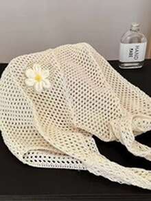 春季新款女士编织包，时尚托特包手提包单肩网袋，时尚百搭沙滩旅行包 - 米色 - 查看 4