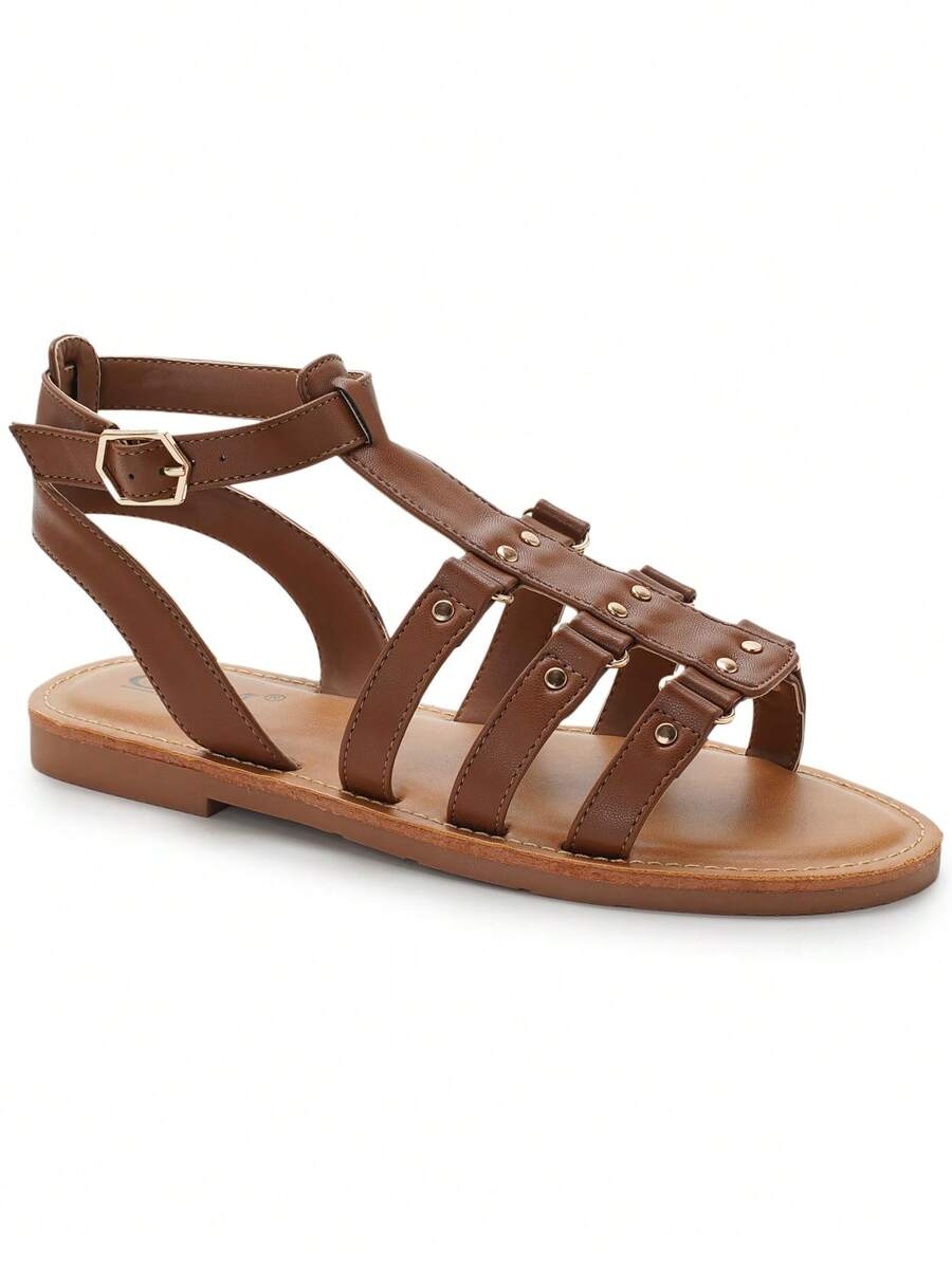 Women's Flat Gladiator Sandals With Buckle Strap And Studded Multi-Strap Design For Comfortable Summer Outfits - Coffee Brown - View 1
