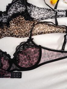 3pcs Women's Solid Color Lace & Leopard Print Padded Bra, Comfortable Lingerie - Multicolor - View 5