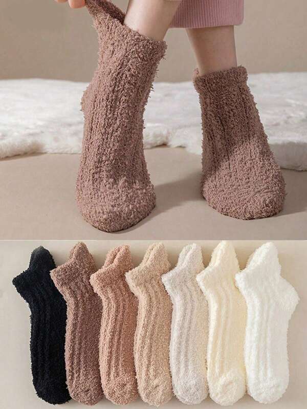 1/3 Pairs Women's Solid Color Cute Casual Fabric Crew Socks, Warm And Comfortable For Home And Sleep, Autumn/Winter