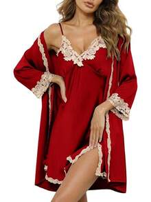 Womens Pajama Sets 5PCS Silk Women Cute Sleepwear Loungewear Satin Sets Women Soft - 酒紅色 - 查看 2