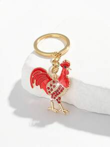 1 件时尚、优雅、可爱的大红色公鸡形钥匙扣/包包挂件，适合女性、汽车钥匙、包包装饰和学校礼物背包 - 金色 - 查看 1