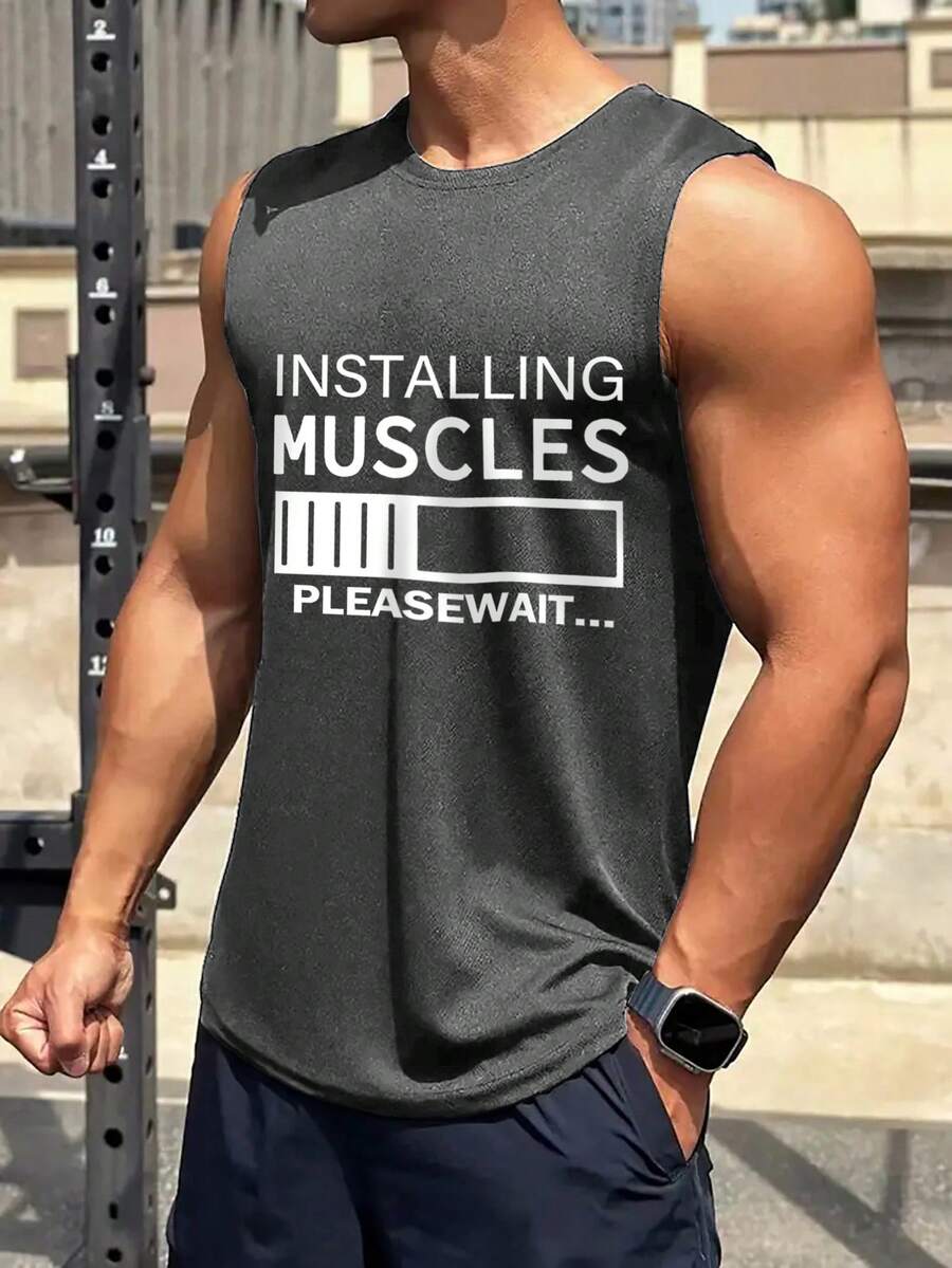 Men's Round Neck Sleeveless Letter Print Casual Sports Tank Top - Dark Grey - View 1