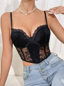 1pc Women Sexy French Style Lace Patchwork Sleeveless Backless Crop Top