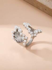 鑽石和人造珍珠裝飾戒指 - 金黃色 - 查看 4