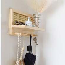 1 件壁挂式衣帽架，带搁板，PE 藤条壁挂式衣帽架，带 4 个挂钩的木质衣架，藤条钥匙扣，适用于玄关、门厅、走廊、办公室的墙壁收纳架 - 彩色 - 查看 5