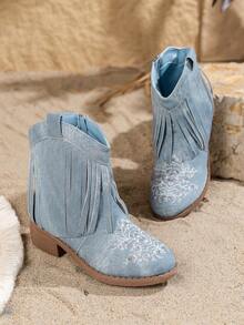 1 双女童高帮休闲防滑公主靴，时尚百搭，适合秋冬 - 藍色 - 查看 9