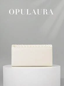 OpulAura 女士简约时尚褶皱设计迷你翻盖手拿包，奢华缎面晚宴包，优雅迷人的晚礼服配饰手拿包，适合婚礼/正式派对/庆典/返校活动，可作为生日/节日礼物，随机珍珠装饰 - 杏色 - 查看 6