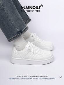 HUANQIU 2025新款女鞋登山鞋女士运动鞋厚底运动鞋网面透气小白鞋百搭轻便舒适系带软底休闲鞋跑步鞋白色四季鞋 - 白色 - 查看 5