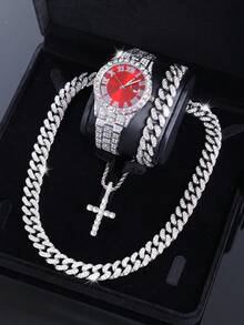 4件套链项链手链套装 男士珠宝石英表套装 带十字架吊坠项链 嘻哈风格酷炫珠宝礼品（不含礼盒） - A - 查看 14