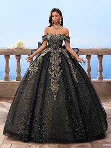 Vestidos de bola estilo Bridgerton con hombros descubiertos y malla negra para mujeres, vestido de novia de línea A de manga abullonada extra grande para la novia - Negro - Ver 8