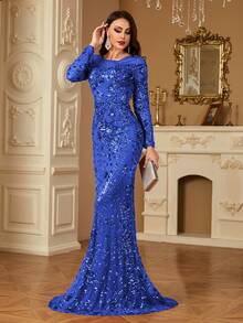 hezixi Đầm sequin co giãn, thoải mái khi mặc, phù hợp với nhiều dáng người, đầm dạ hội dài tay cổ tròn xuyên thấu, thiết kế dáng đuôi cá ôm sát, độc đáo và khác biệt. - Xanh đậm - Xem 6