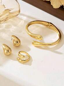 1 Set Minimalist Metallic Geometric Teardrop Shape Shiny Bracelet, Ring, Earrings Set, Suitable For Women Everyday, Party, Date Outfit Accessories