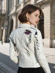 Women's Spring/Autumn Faux Leather Embroidered Commuter Jacket With Belt, Minimalist Versatile Biker PU Jacket