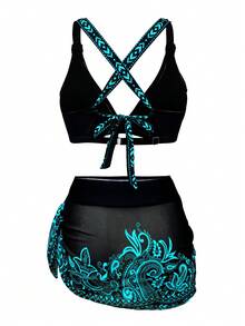 一套女士三件式比基尼连衣裙复古风泳装，薄纱纱笼罩衫，侧边系带，显瘦时尚休闲泳装，适合度假海滩夏季穿着 - 藍色 - 查看 3