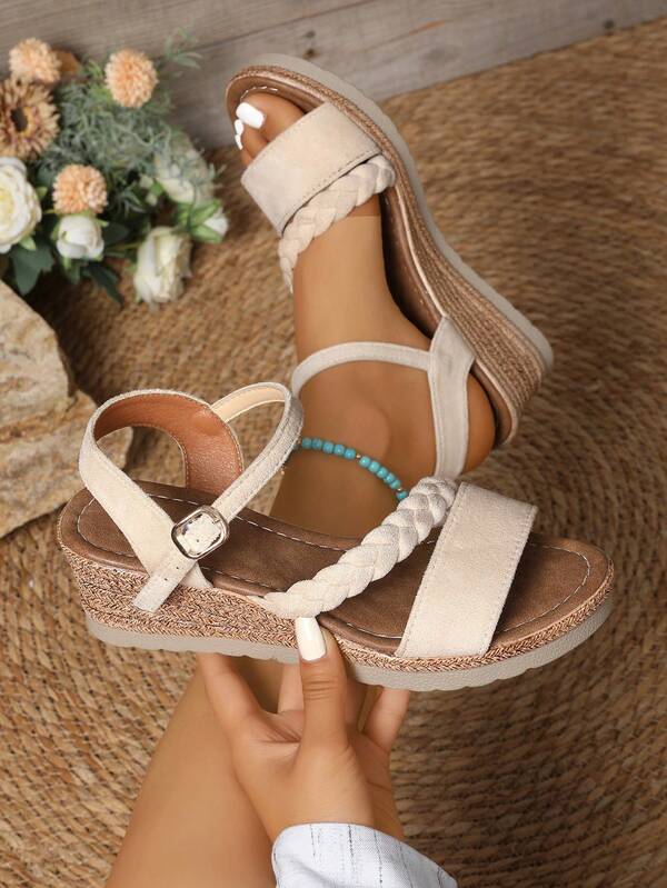 Plus Size Women's Wedge Heel Sandals, High Heels 2025 Summer New Fashion Fairy Style Solid Color Vacation Bohemian