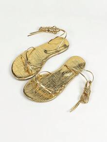 金色法式微风拖鞋，平底鞋，舒适踝带罗马凉鞋，春夏穿搭 - 金色 - 查看 6