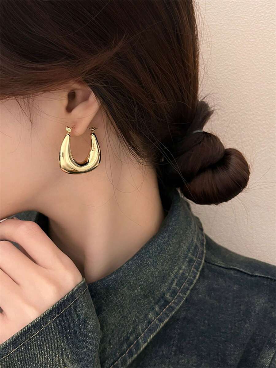 1 Pair Fashionable Simple Golden Geometric Asymmetrical Hoop Earrings, Suitable For Women's Daily Wear - Yellow Gold - View 1