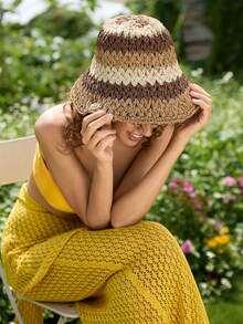 Tropiscape 1pc Coffee Color Contrast Striped Straw Sun Hat With Wide Brim, Suitable For Beach, Travel, Vacation, Spring/Summer, Suitable For Women Beach Autumn Winter Gifts Cottagecore,SummerOutfit - Coffee Brown - View 2