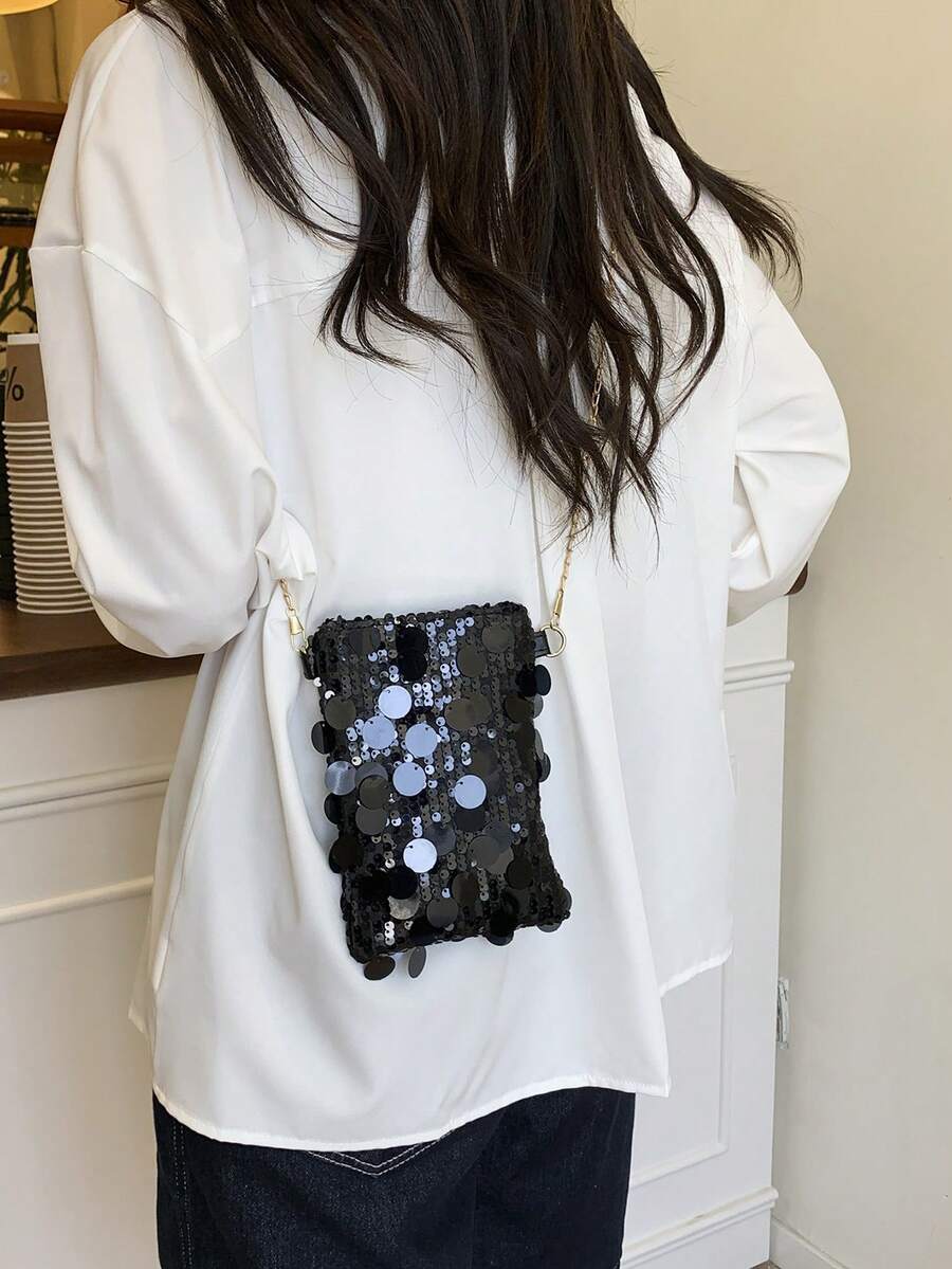 迷你亮片单肩包，个性纹理简约斜挎包，优雅手拿包，时尚亮片女士手机包，链条装饰可装手机和零钱，适合购物