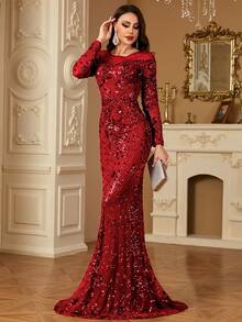 hezixi 弹力亮片连衣裙，舒适贴合各种身材，独特的透视圆领长袖修身鱼尾裙摆设计，女士正式舞会礼服/晚礼服，适合婚礼、春季派对等场合。 - 紅色 - 查看 6