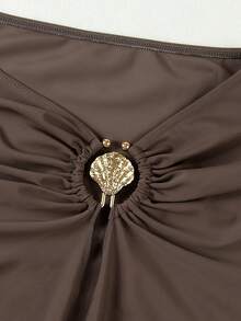 European & American Style Bikini 3 Piece Sexy Shell Swimsuit And O Ring Long Skirt Brazilian Biquini High Split Beachwear Vacation Outfit - 巧克力棕 - 查看 9