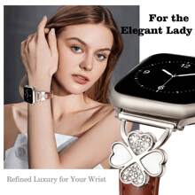 Leather Band Compatible With Apple Watch 38mm 40mm 41mm 42mm 44mm 45mm 46mm 49mm Women – Ultra-Thin Exquisite Sweatproof Comfortable – Simple Elegant Fashionable – Four-Leaf Clover Diamond Design – Compatible With Apple Watch Series 10 9 Ultra SE 8 7 6 5 4 3 2 1 – Replacement Band Accessories
