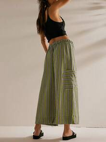 Women's Drawstring Striped Trousers Loose Wide Leg Casual Trousers Casual Paraiso Trousers With Pockets Trousers - 橄欖綠 - 查看 2