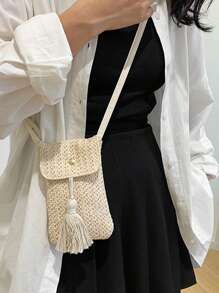 Borsa a spalla mini chic da spiaggia estiva - leggera in poliestere intrecciato con cinturino regolabile, borsa a tracolla piccola e dolce, borsa da spiaggia estiva accattivante, chiusura magnetica e dettaglio a nappina in colori uniti