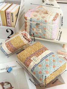 1pc Vintage Contrast Random Flower Pattern Quilted Large Capacity Cosmetic Bag, Fashionable Portable Cosmetic Bag, Girls Travel Cosmetic Bag, Portable Toiletry Bag, Can Hold Lipstick, Sanitary Napkins, Coins, Small Items, Etc., Suitable For Home, Travel, Cruise, Vacation And School Use, Wedding Bridesmaid Gifts, Birthday Gifts, Gifts For Good Friends - Beige - View 10