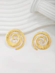 1 Pair Elegant Spiral Geometric Asymmetrical Shaped Gold Color Earrings, Sophisticated Simple Design Suitable For Daily Wear