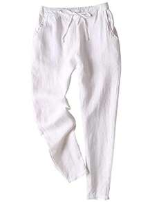 Lanwont Women's Linen Trousers Summer Casual High Waist Drawstring White Beach Pants - 白 - 查看 2