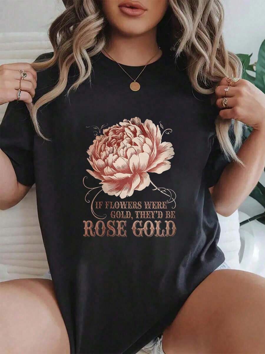 Womens Vintage Floral If Flowers Were Gold Rose-Gold Peony Art O-Neck Printed T-Shirt Short-Sleeved Crew Neck Casual Top Suitable For All Seasons Women's Wear - 黑色 - 查看 1