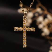 1pc 18K Gold Plated Cubic Zirconia Cross Pendant Adjustable Classic Necklace, Luxury Fashion Versatile Collar Necklace For Women, Suitable For Daily Wear, Commute, And Party