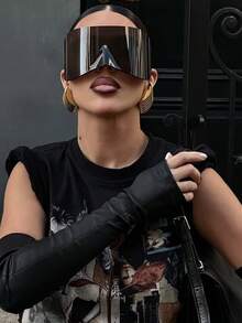 1pc Oversized Futuristic High-Tech Style Connected Cyberpunk Fashion Glasses, Fashionable Eyewear For Women, Cool European And American Style Preppy Style For Back To School Wrap Shape - Black - View 3