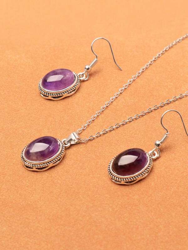 Conjunto de 3 peças Colar e Brincos com Pingente Oval de Ametista Vintage (Textura Natural, Cor Variada), Conjunto de Joias da Moda para Mulheres, Incluindo Quartzo Rosa, Turquesa, Arenito Dourado, Etc.