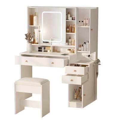 Tocador blanco moderno con lámpara, mesa de maquillaje con taburete y espejo