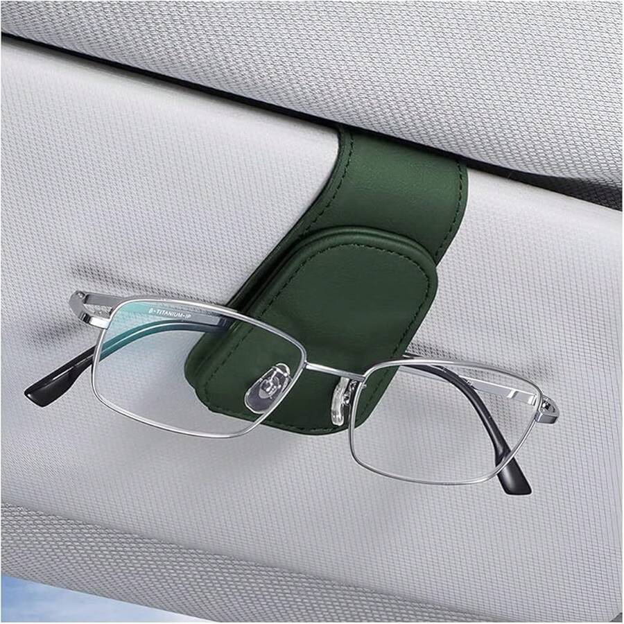 Sunglasses Holders For Car Sun Visor, Leather Eyeglasses Hanger Mounter, Magnetic Glasses Holder And Ticket Card Clip, Auto Interior Accessories Universal For SUV Pickup Truck - Green - View 1