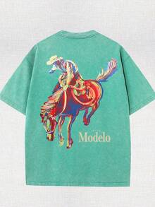 Western Cowboy Riding Printed Batik Washed T-Shirt, Simple And Versatile. - Cỏ xanh - Xem 2
