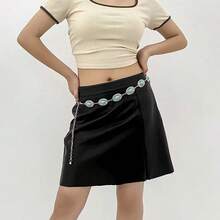 Women's Metal Chain Belt With Turquoise Oval Waistband - Silver - View 3