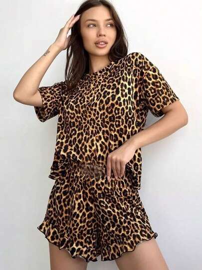 Conjunto de pijama de 2 piezas con estampado de leopardo, de manga corta y shorts, conjunto de salón de verano minimalista y casual, de cuello redondo