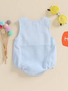 Newborn Football Outfit Baby Girl Boy Summer Romper Overalls Football Embroidery Stripe Print Sleeveless Round Neck Bodysuit Jumpsuit Summer Clothes - 藍色 - 查看 6