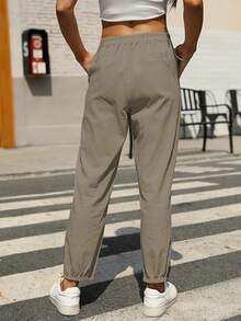 Lanwont Women's Linen Trousers Summer Casual High Waist Drawstring White Beach Pants - Tan - Xem 2