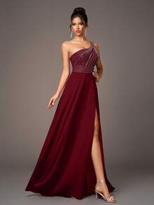 镶钻露背吊带高开衩系带长款正式礼服，优雅奢华的酒红色不对称修身高开衩晚礼服，适合音乐会、婚礼、派对、舞会、伴娘、情人节派对等正式场合。 - 酒紅色 - 查看 3