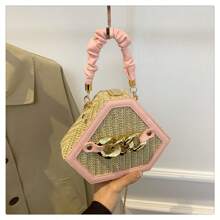 Woven Straw Bag For Women, Handmade Straw Shoulder Bag For Women, Suitable For The Beach, Daily Commuting, And Vacation. (Black/White/Pink) - Pink - View 2