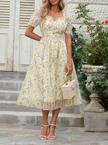 女士浪漫优雅飘逸碎花束腰长裙，短袖夏装