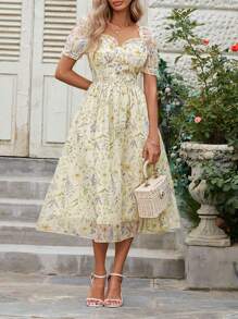 Women's Romantic Elegant Flowy Ditsy Floral Waist-Cinched Long Dress, Short Sleeve Summer Dress