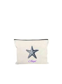 1 Customized Lightweight Stylish Simple Large Capacity Cosmetic Bag With Seaside Shell Elements, Zipper Closure, Nylon Material, Suitable For Women'S Daily Use, Work And Beach Vacation. Customizable Personalized Name Or Holiday Toiletry Bag