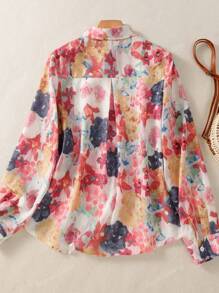Women's All-Over Floral Print Long Sleeve Blouse - Front Button Shirt Top For Festival, Evening Date Night, Travel & Daily Wear, Versatile All-Season